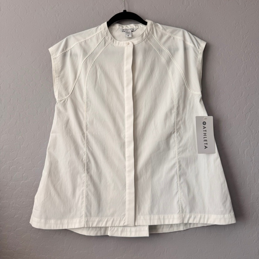 NWT Athleta XS Performance Poplin Popover White Sleeveless BandCollar Button Top